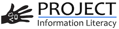 Project Information Literacy Logo. Symbols for network, cellphone, and cloud computing in white against a black, stylized open hand. With Project in large letters over Information Literacy.