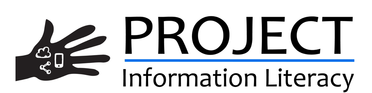 Project Information Literacy Logo. Symbols for network, cellphone, and cloud computing in white against a black, stylized open hand. With Project in large letters over Information Literacy.